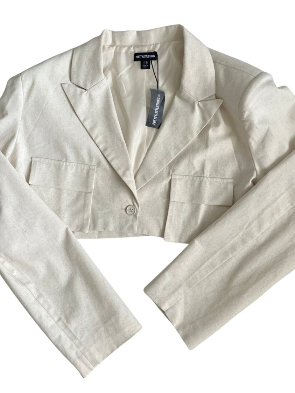 NEW PrettyLittleThing Linen Blend Cropped Beige Padded Shoulder Blazer Size 10